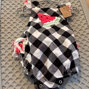 Checkered Black and White Kids Romper with Watermelon Patch